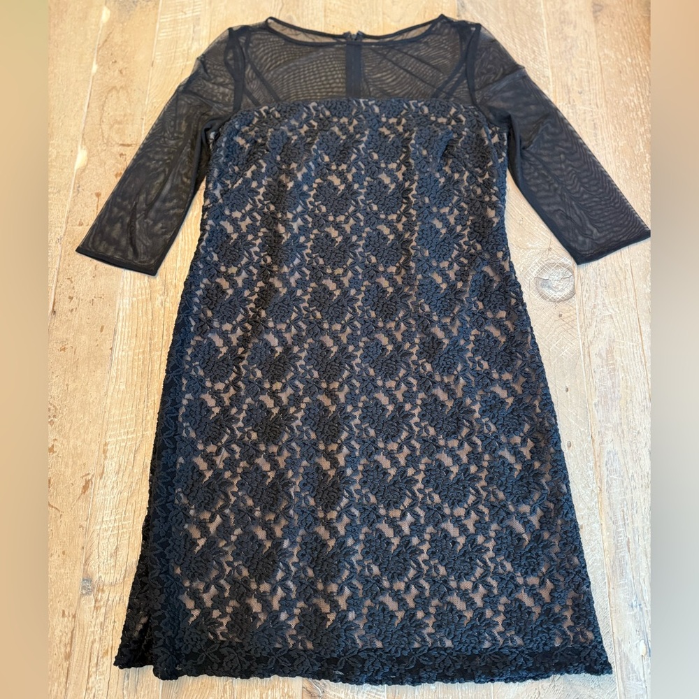 Adrianna Papell Black Lace Sheath Dress with Illusion Sleeves 10